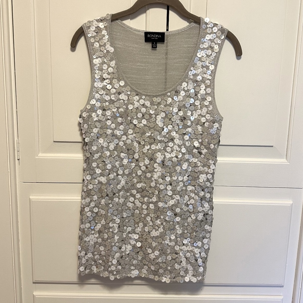 Shimmery Silver Sequin Sleeveless Tank, Size S